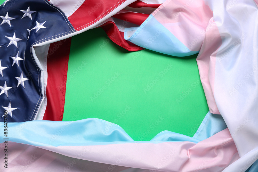 Frame made of transgender and USA flags on green background Frame made of transgender and USA flags on green background