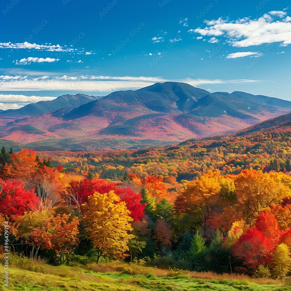 Obraz premium 10. A scenic view of a mountain range with slopes covered in colorful fall foliage, under a clear, crisp sky