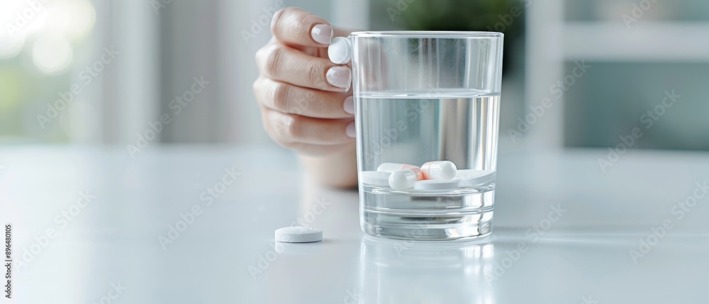 A close-up of a hand holding a pill above a glass of water, symbolizing health and medication.