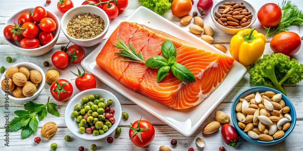 Overhead View of Salmon, Tomatoes, Almonds and Green Peas on White Wood, Food, Healthy, Nutrition, Omega-3