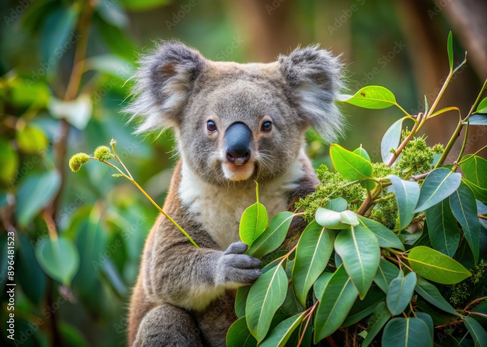 Obraz premium Adorable koala perched peacefully in a eucalyptus tree, munching on fresh green leaves, surrounded by lush foliage in a serene Australian woodland setting.