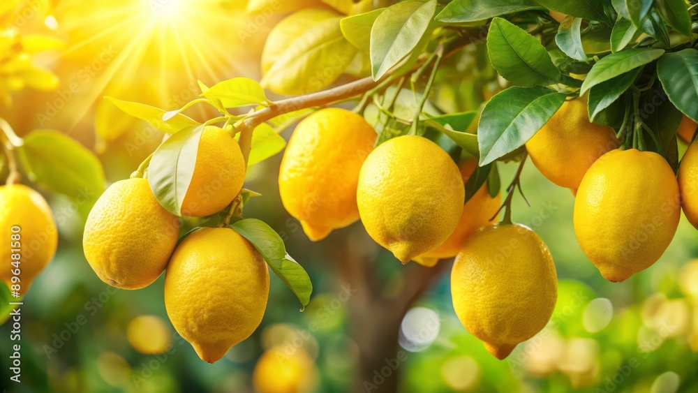 Vibrant ripe lemon citrus fruits hang from a branch surrounded by sunny green leaves, set against a bright outdoor nature background with subtle shadows.