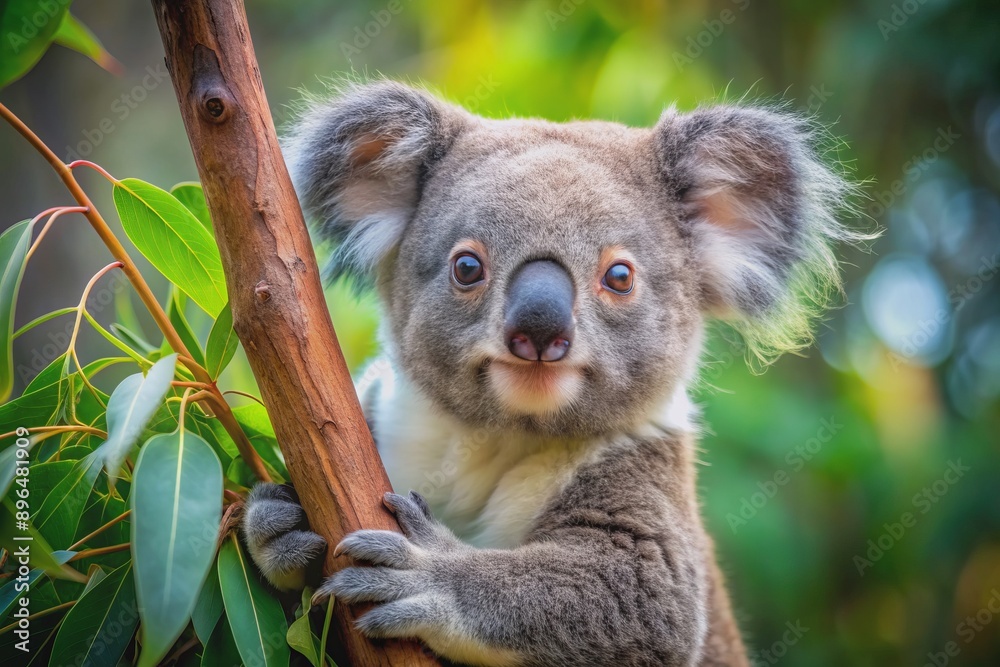 Fototapeta premium Adorable koala clings to a eucalyptus branch, its soft fur and big round eyes making it a charming symbol of Australian wildlife in its natural habitat.