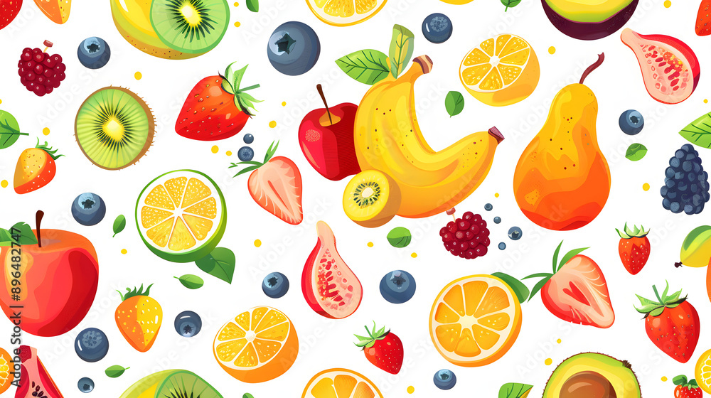 Seamless pattern background featuring colorful fresh fruits like oranges, lemons, strawberries, and watermelons, capturing the vibrant essence of summer.