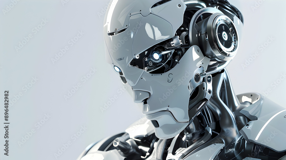 A futuristic robot on a silver background.
A futuristic robot on a silver background.
