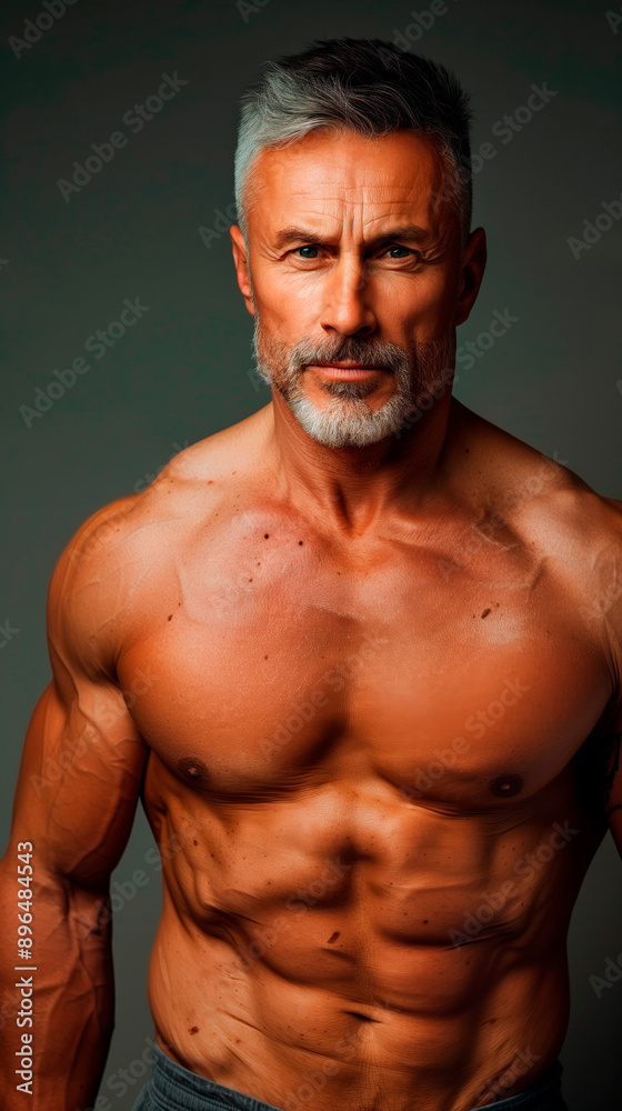An older man displays impressive strength and defined muscles. Elderly man with well-groomed and attractive muscular body against a gray background. An older man displays impressive strength and defined muscles. Elderly man with well-groomed and attractive muscular body against a gray background.