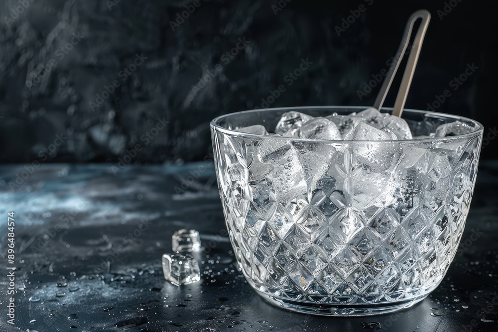Glass ice bucket and tongs for drinks at party with space for text Glass ice bucket and tongs for drinks at party with space for text