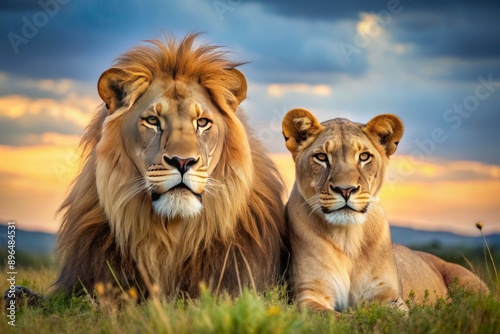 Regal male lion and gentle lioness pose together, showcasing their majestic manes and soft expressions, set against a serene savannah landscape background.