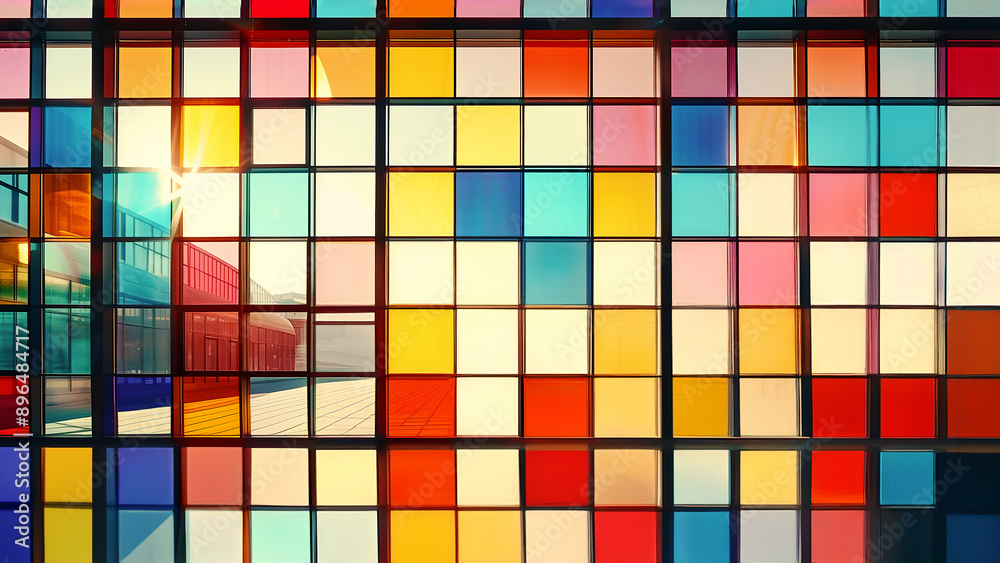 Colorful abstract 3d mosaic background, a vibrant and modern room with a wall of colorful glass panels in red, blue, yellow, and other bright colors, a Korean traditional style color combination Colorful abstract 3d mosaic background, a vibrant and modern room with a wall of colorful glass panels in red, blue, yellow, and other bright colors, a Korean traditional style color combination