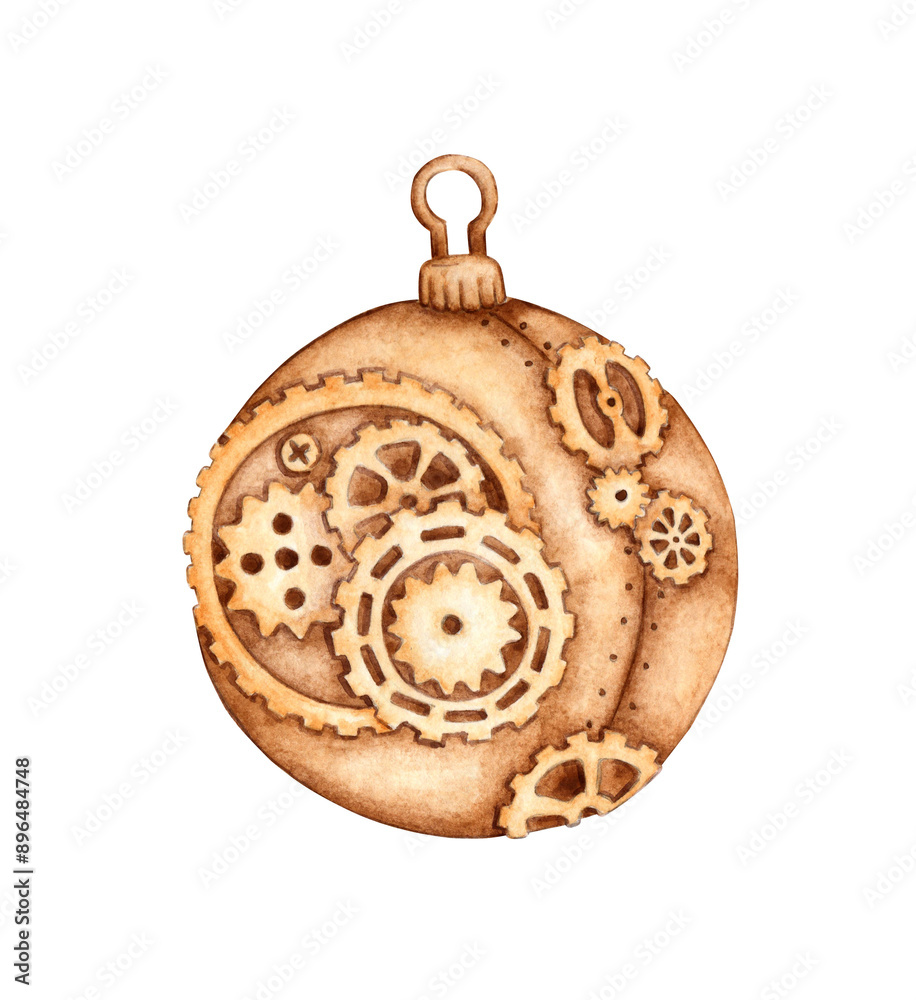 Metal Christmas ball in steampunk style made of gears, nuts, chains, watercolor illustrations. Mechanical souvenir in techno style. Ideal for cards, covers, posters, packaging, advertising. Metal Christmas ball in steampunk style made of gears, nuts, chains, watercolor illustrations. Mechanical souvenir in techno style. Ideal for cards, covers, posters, packaging, advertising.