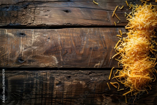 Grated cheddar on rustic wood photo