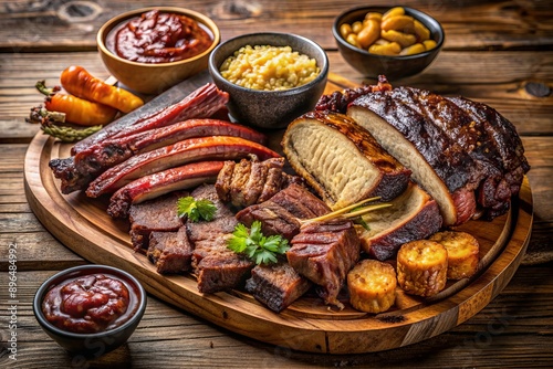 Savory slow-cooked meats galore: tender Texas brisket, fall-apart Carolina pulled pork, Memphis-style dry-rubbed ribs, and crispy Kansas City burnt ends on a rustic wooden platter. photo