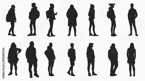 diverse group of people silhouettes standing together, isolated on white background