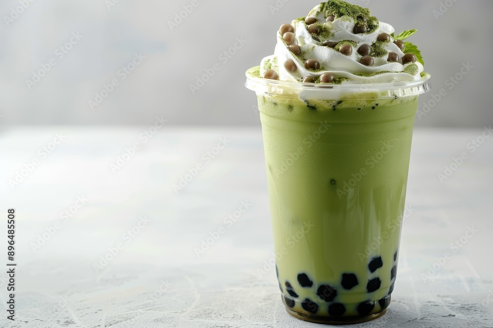 Green matcha boba tea with tapioca pearls and creamer on glass refreshing summer drink on white table with space Green matcha boba tea with tapioca pearls and creamer on glass refreshing summer drink on white table with space
