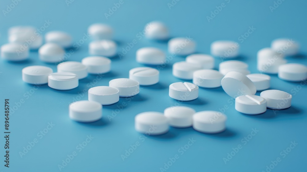 White circular pills arranged on a blue surface White circular pills arranged on a blue surface