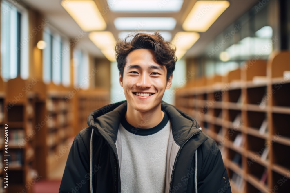 Fototapeta premium Portrait of a smiling male student in university library