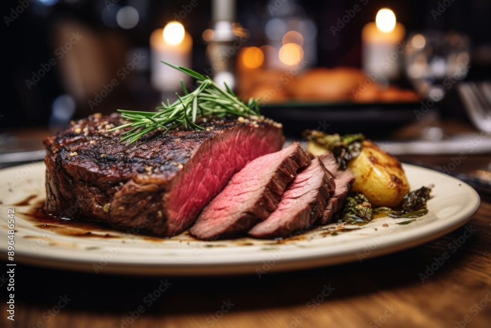 Close up of a medium rare steak served in a restaurant Close up of a medium rare steak served in a restaurant