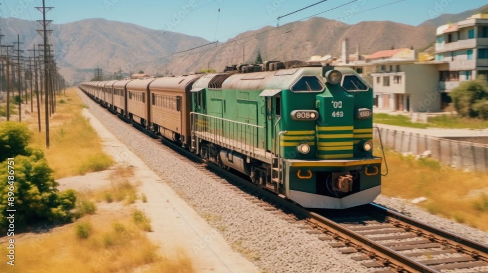 A Green Locomotive Traveling Through a Scenic Mountainous Landscape A Green Locomotive Traveling Through a Scenic Mountainous Landscape