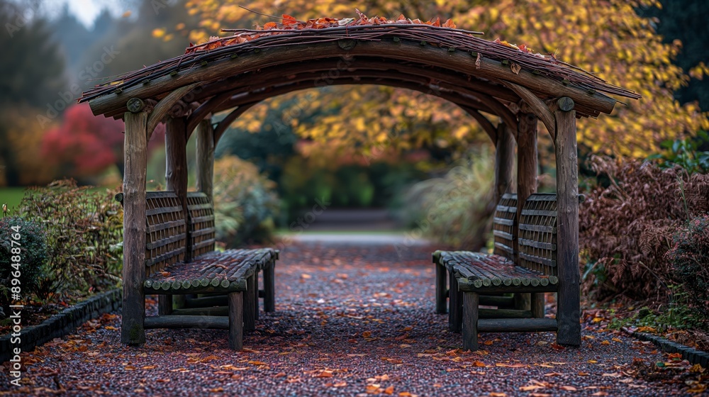 Wooden Arbor with Benches in an Autumnal Park Wooden Arbor with Benches in an Autumnal Park