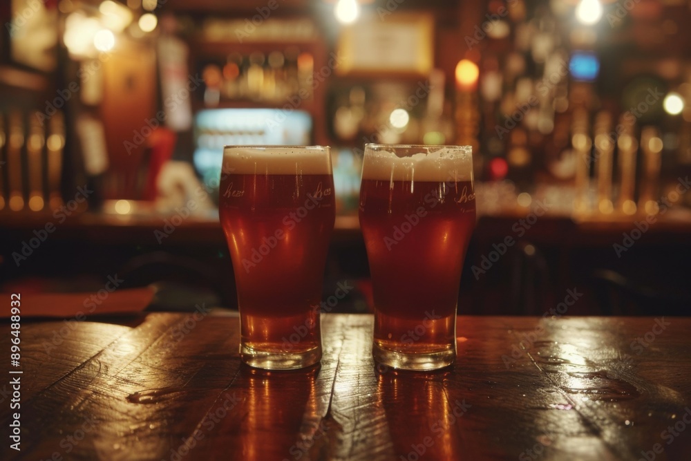 Two cold pints of beer at a lively bar Two cold pints of beer at a lively bar