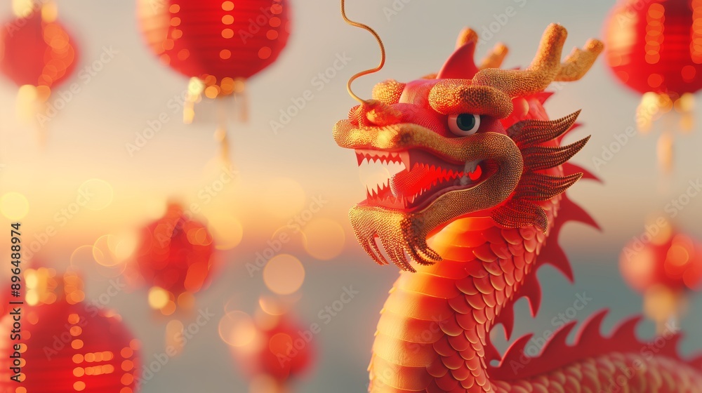 Chinese Dragon with Red Lanterns in the Sunset