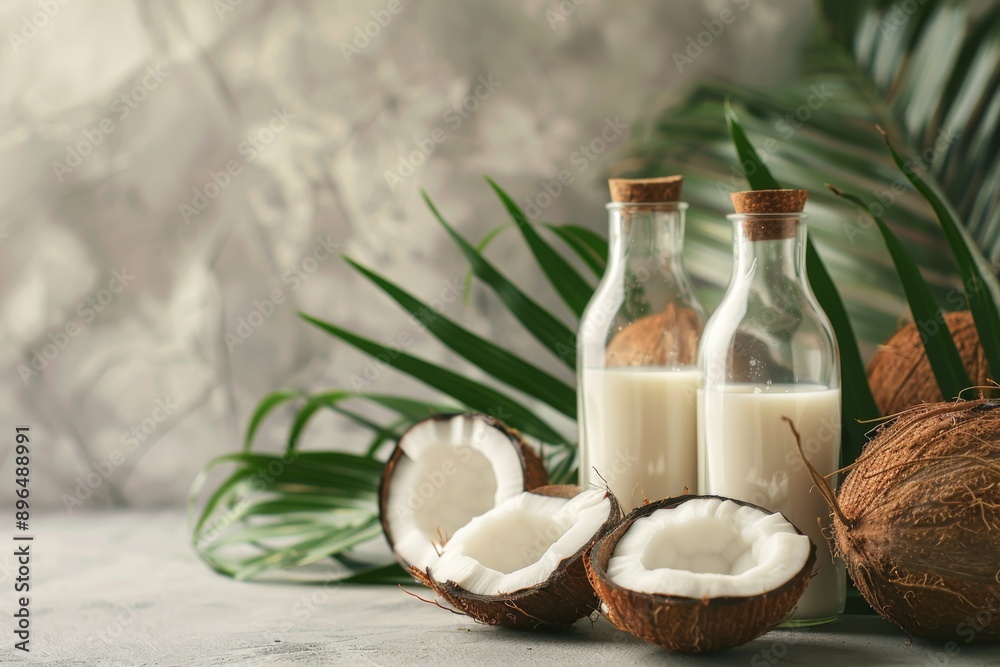 Fresh coconut milk in glass bottles with halves of coconut Fresh coconut milk in glass bottles with halves of coconut