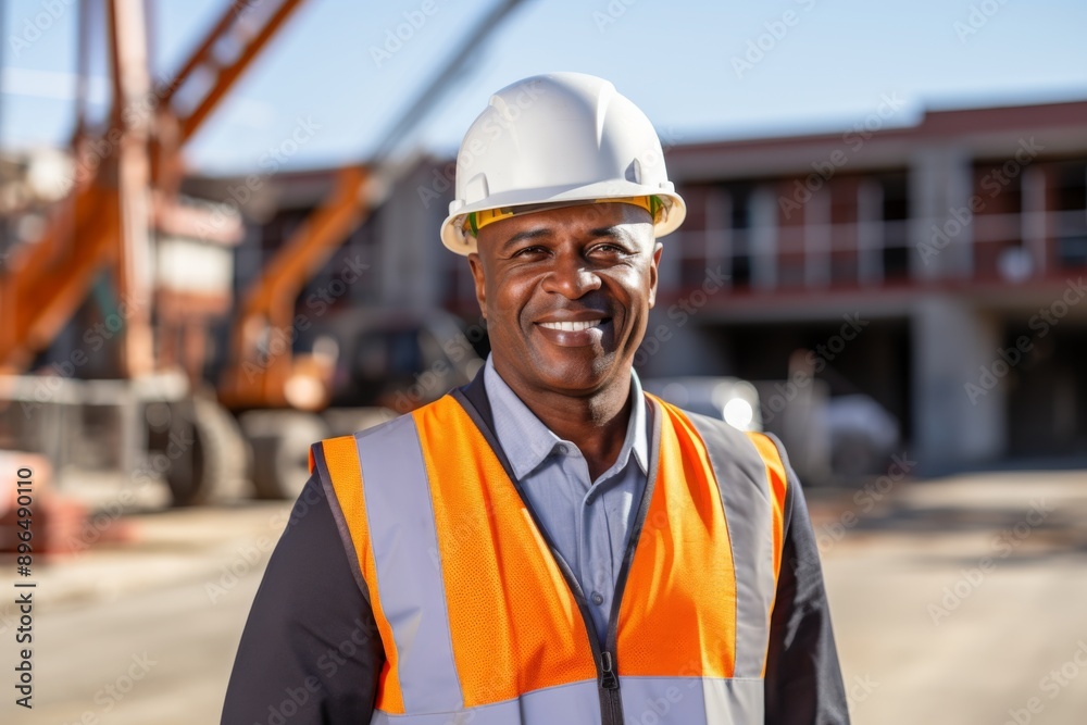 Portrait of a smiling African American mature businessman on construction site Portrait of a smiling African American mature businessman on construction site