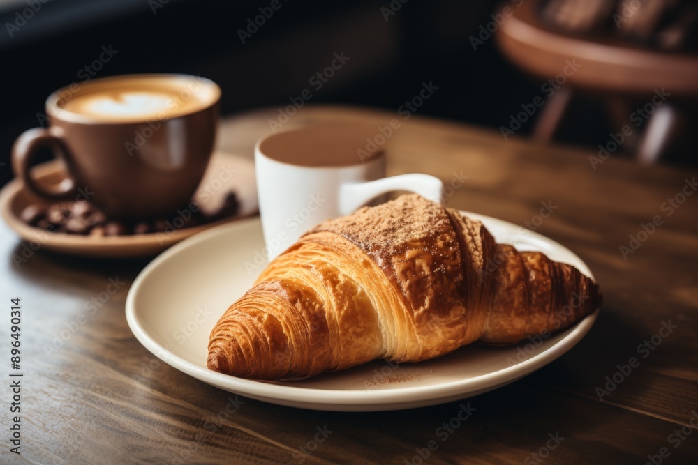 Close up of croissant served with hot coffee Close up of croissant served with hot coffee