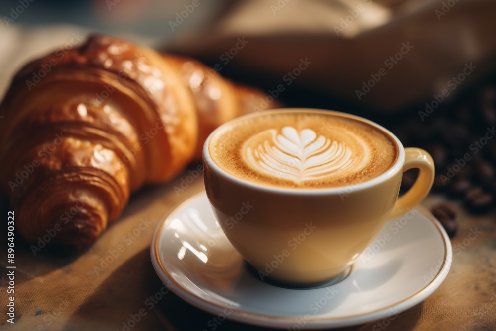 Close up of croissant served with hot coffee Close up of croissant served with hot coffee
