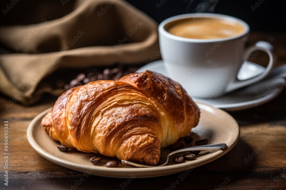 Close up of croissant served with hot coffee Close up of croissant served with hot coffee