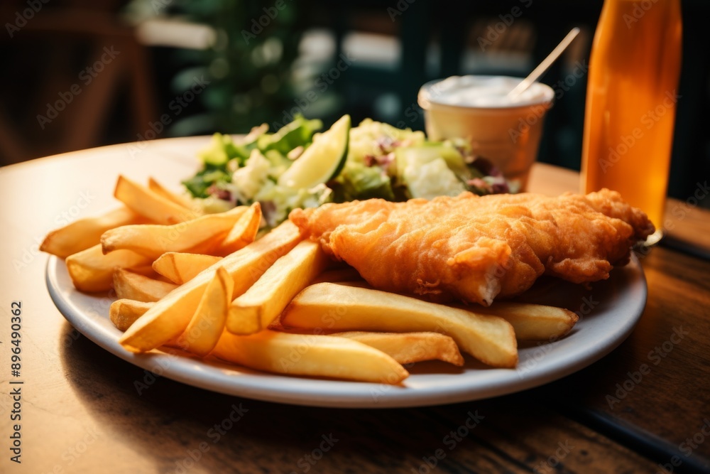Close up of fish and chips served on plate Close up of fish and chips served on plate