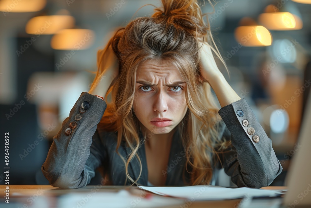 Fototapeta premium Frustrated Woman Holding Head In Modern Cafe