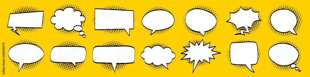 Comic speech bubbles set. Retro empty message bubble with black halftone shadows on yellow background. Vintage design, pop art style.