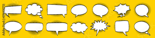 Comic speech bubbles set. Retro empty message bubble with black halftone shadows on yellow background. Vintage design, pop art style.