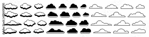Pixel clouds. Retro 8 bit blue sky aerial cloud pixel art. Digital clouds pixel art icon set. Flying white computer clouds on blue sky.