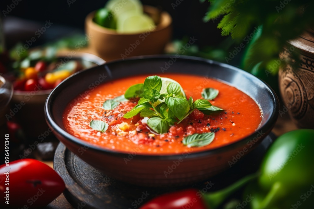 Close up of a gazpacho in bowl with herbs