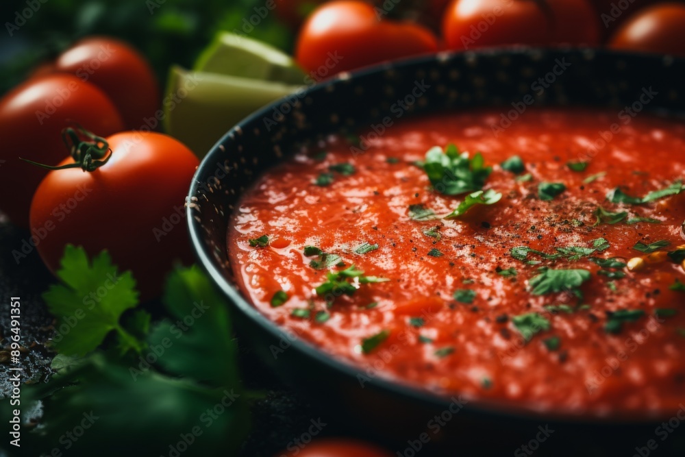 Close up of a gazpacho in bowl with herbs Close up of a gazpacho in bowl with herbs
