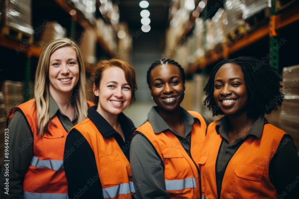 Group portrait of diverse female warehouse workers smiling Group portrait of diverse female warehouse workers smiling