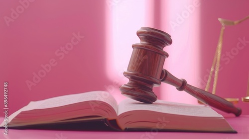 Wooden judge s gavel on open law book in courtroom setting with pink background photo