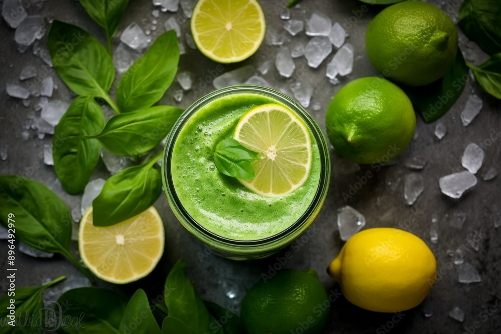 Top view of a healthy green smoothie or shake on countertop Top view of a healthy green smoothie or shake on countertop