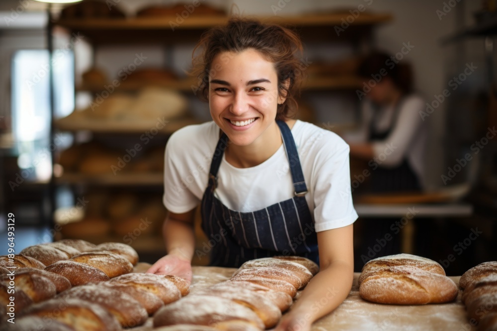 Smiling portrait of a female worker at bakery in France Smiling portrait of a female worker at bakery in France