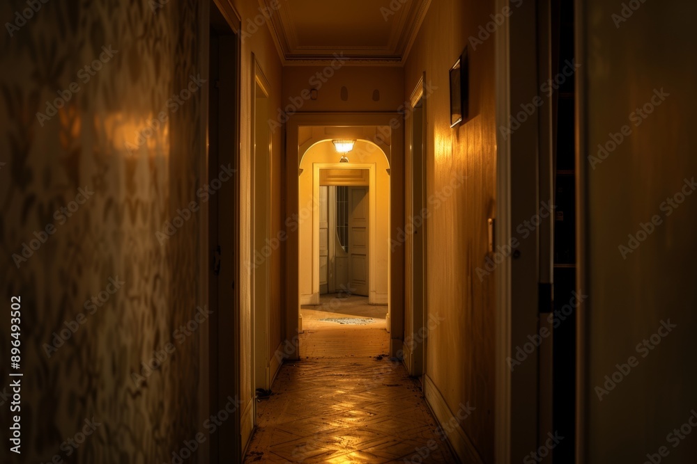 A long corridor in a hotel in the evening with a yellow light A long corridor in a hotel in the evening with a yellow light
