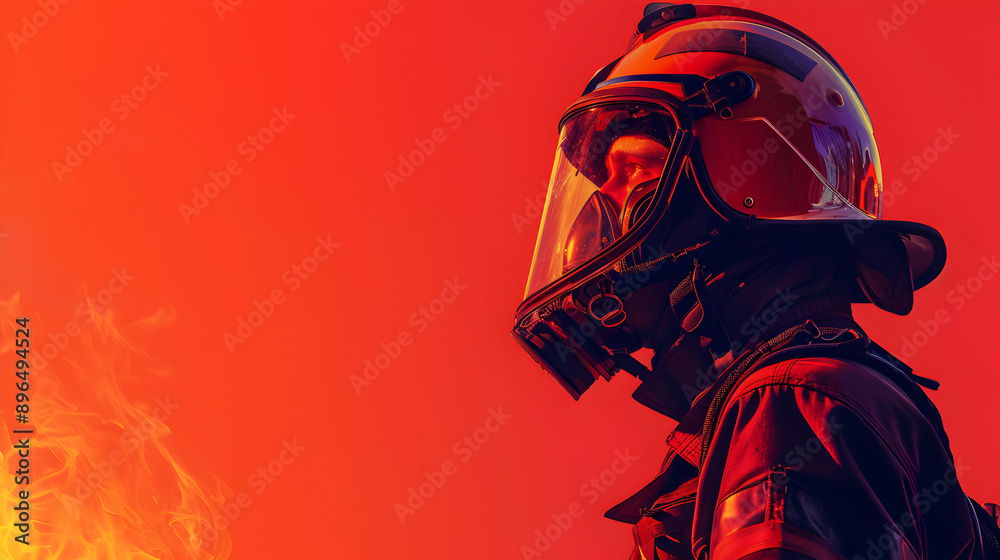 A firefighter in uniform on a red background.
A firefighter in uniform on a red background.