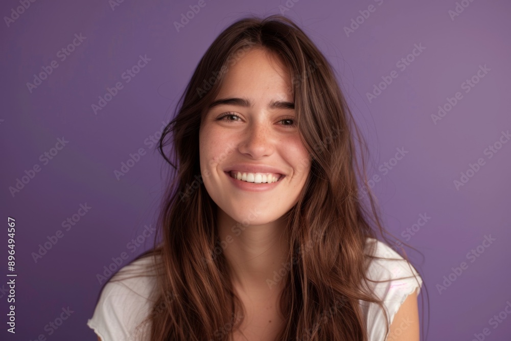 Young woman smiling against a purple background Young woman smiling against a purple background