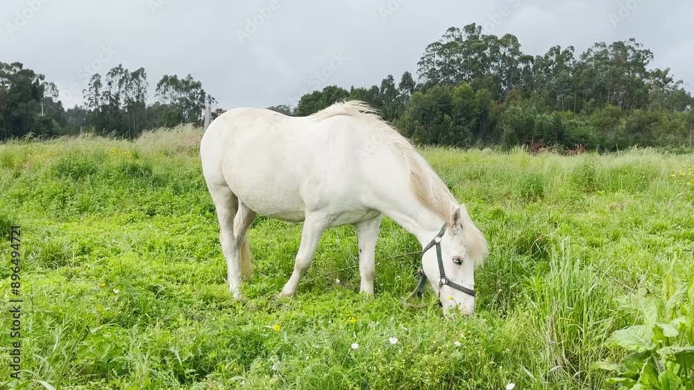 Beautiful white horse grazing on the farm field. Horse on the background of green grass, blue sky and forest. High quality 4k footage. Beautiful white horse grazing on the farm field. Horse on the background of green grass, blue sky and forest. High quality 4k footage.