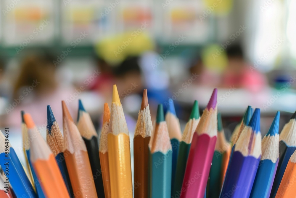 Close up of coloring pencils in a classroom Close up of coloring pencils in a classroom