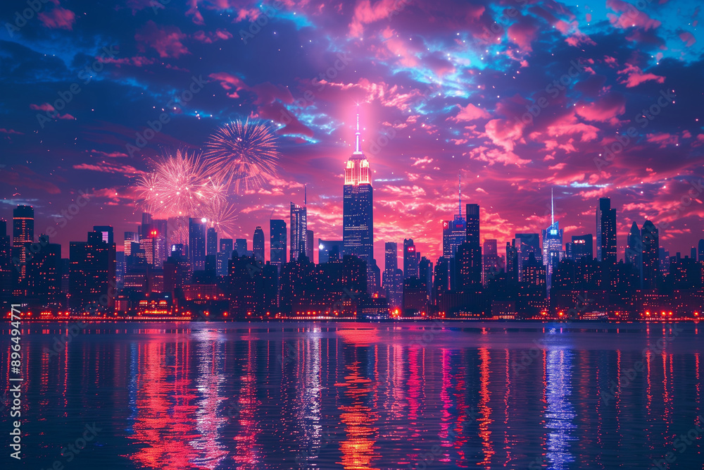 Fototapeta premium A Fireworks Display Above the City Skyline at Midnight: Celebratory Sky