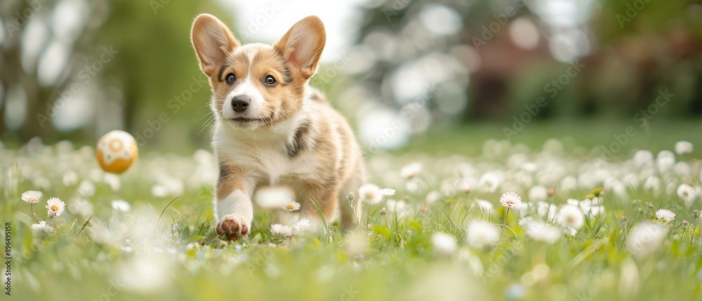 A playful puppy runs joyfully across a vibrant field filled with blooming flowers, showcasing the essence of springtime fun.