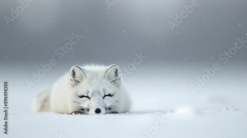 A serene arctic fox resting in a winter wonderland, surrounded by soft snowflakes and a tranquil snowy landscape. © nattapon98