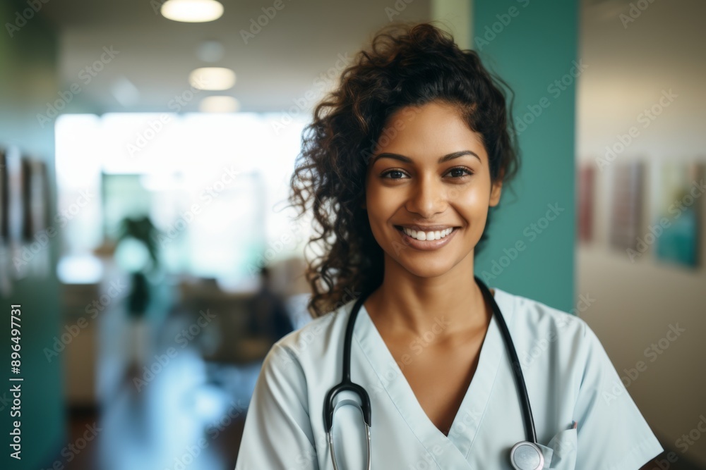 Smiling portrait of a middle aged Indian nurse in hospital